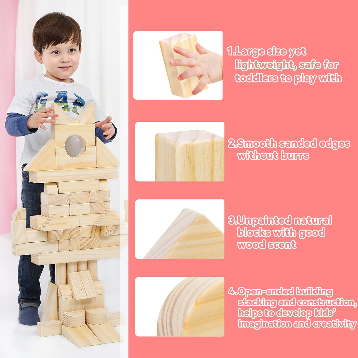 Onshine Large Wooden Blocks for Toddlers 1-3, 64 Pieces Big Wood Building Blocks Set with Wooden Storage Box, Large Toddler Blocks Building