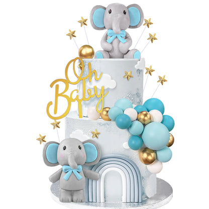 43 PCS Blue Elephant Cake Decoration Cute Baby Elephant Cake Decorations Cake Topper Star Cake Topper Blue Pearl Balls Cake Picks for Baby Shower Boy