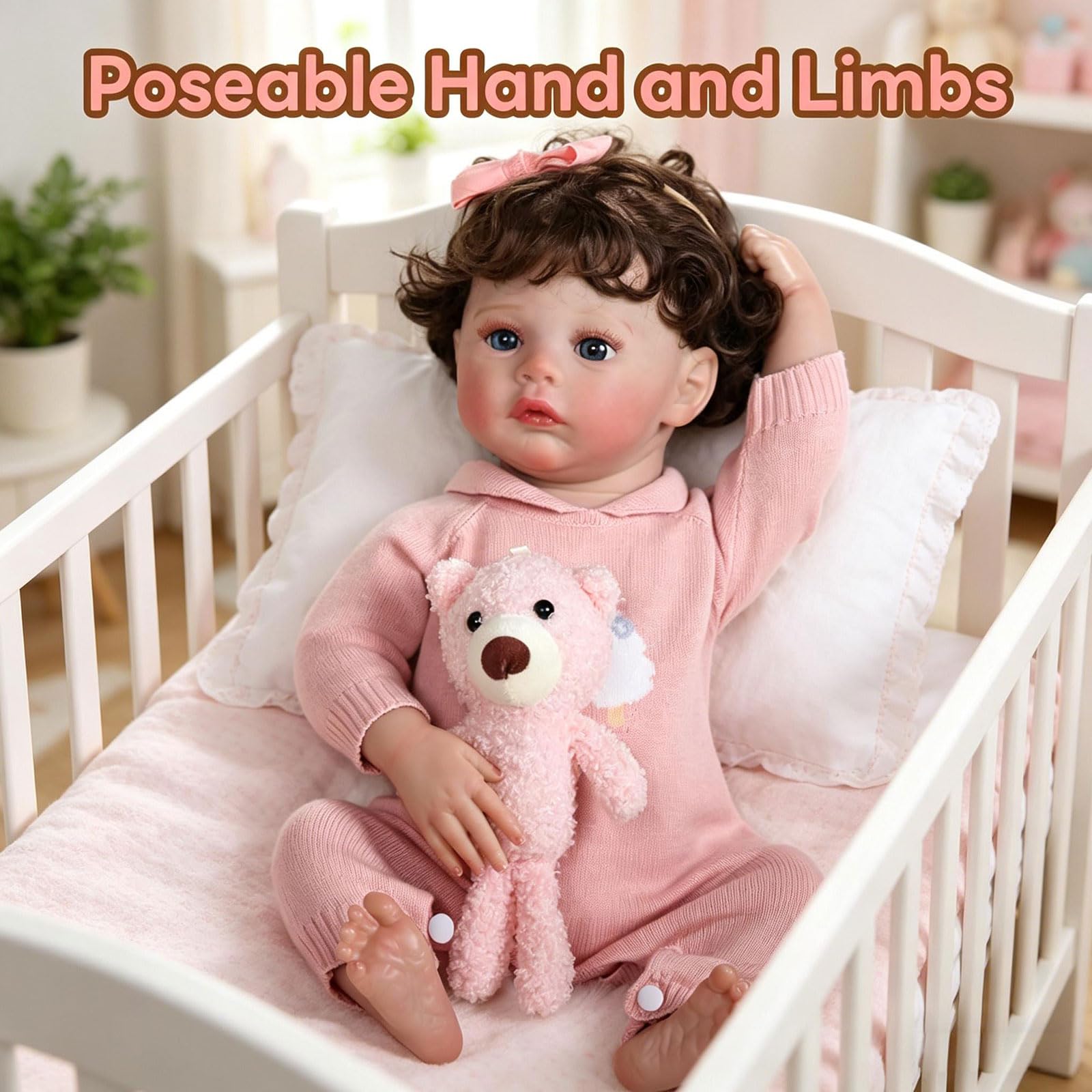 Tookyhill 16 Inch Lifelike Reborn Baby Doll, Full Vinyl Body, Poseable Limbs, Pink Knit Outfit & Bear Toy, Realistic Newborn Doll Gift for Toddler