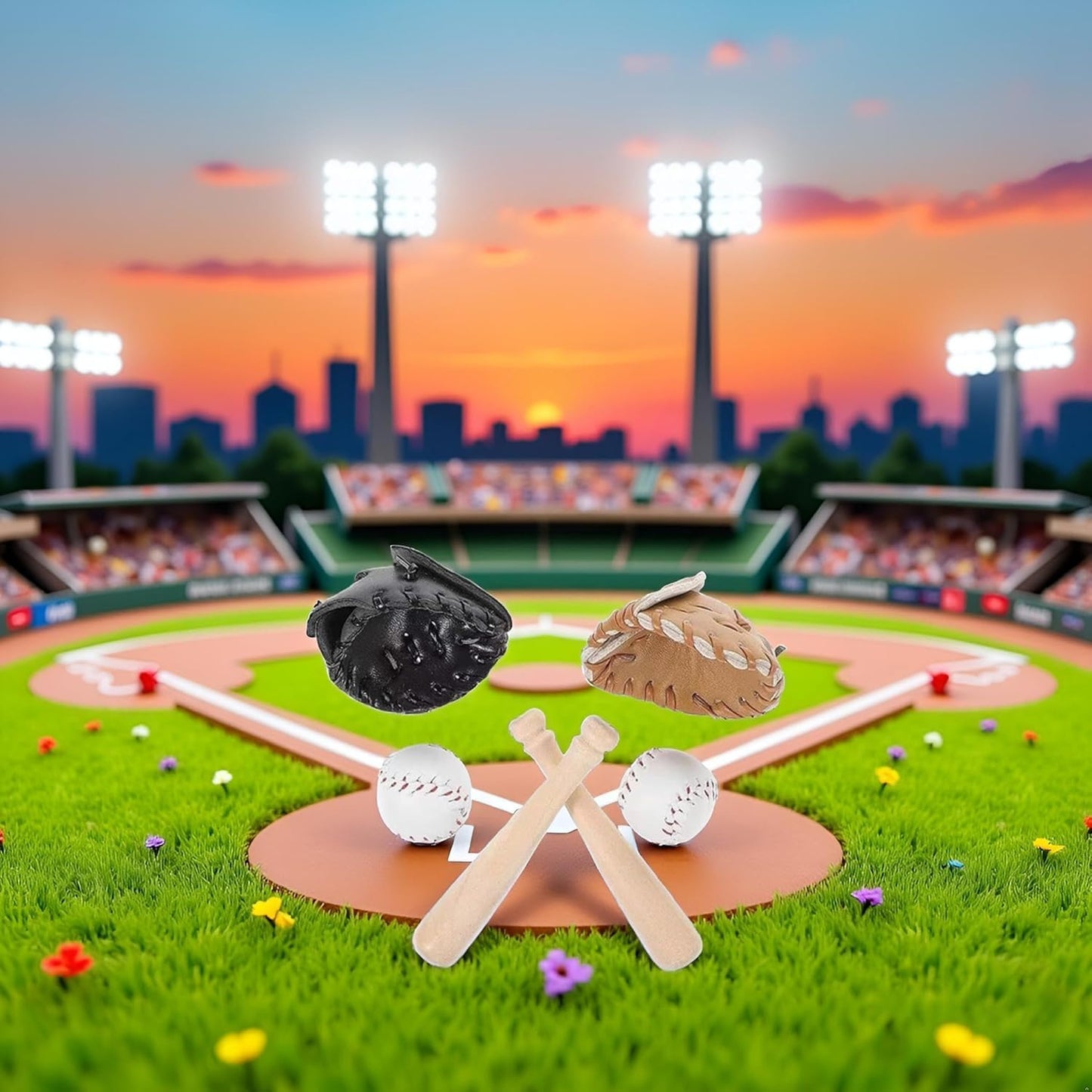 1/12 Scale Miniature Baseball Set (Bat, Glove and Ball),Black Cake Toppers and Dollhouse Accessories,Mini Sports Decor for Desktop Display, DIY Crafts