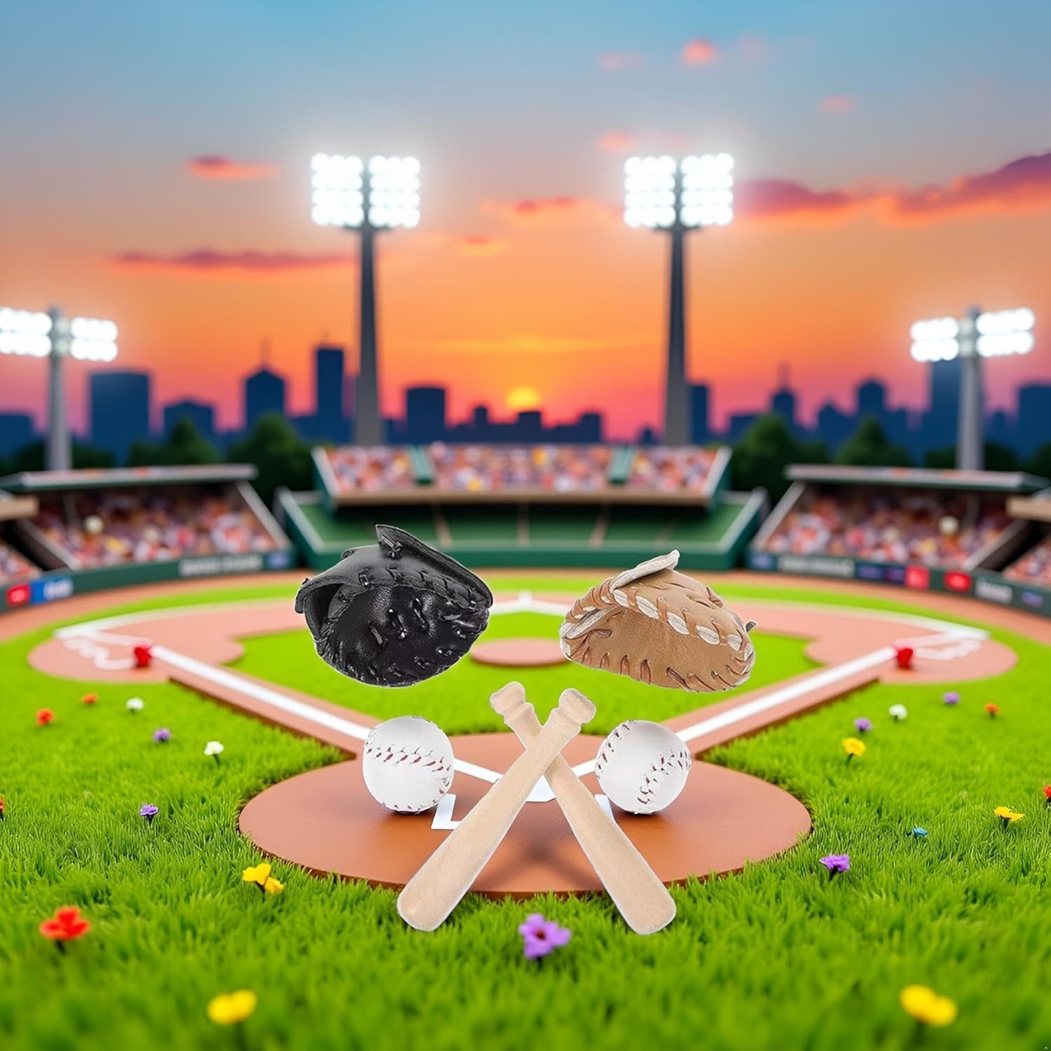 2Set 1/12 Scale Miniature Baseball Set (Bat, Glove and Ball),Black Cake Toppers and Dollhouse Accessories,Mini Sports Decor for Desktop Display, DIY