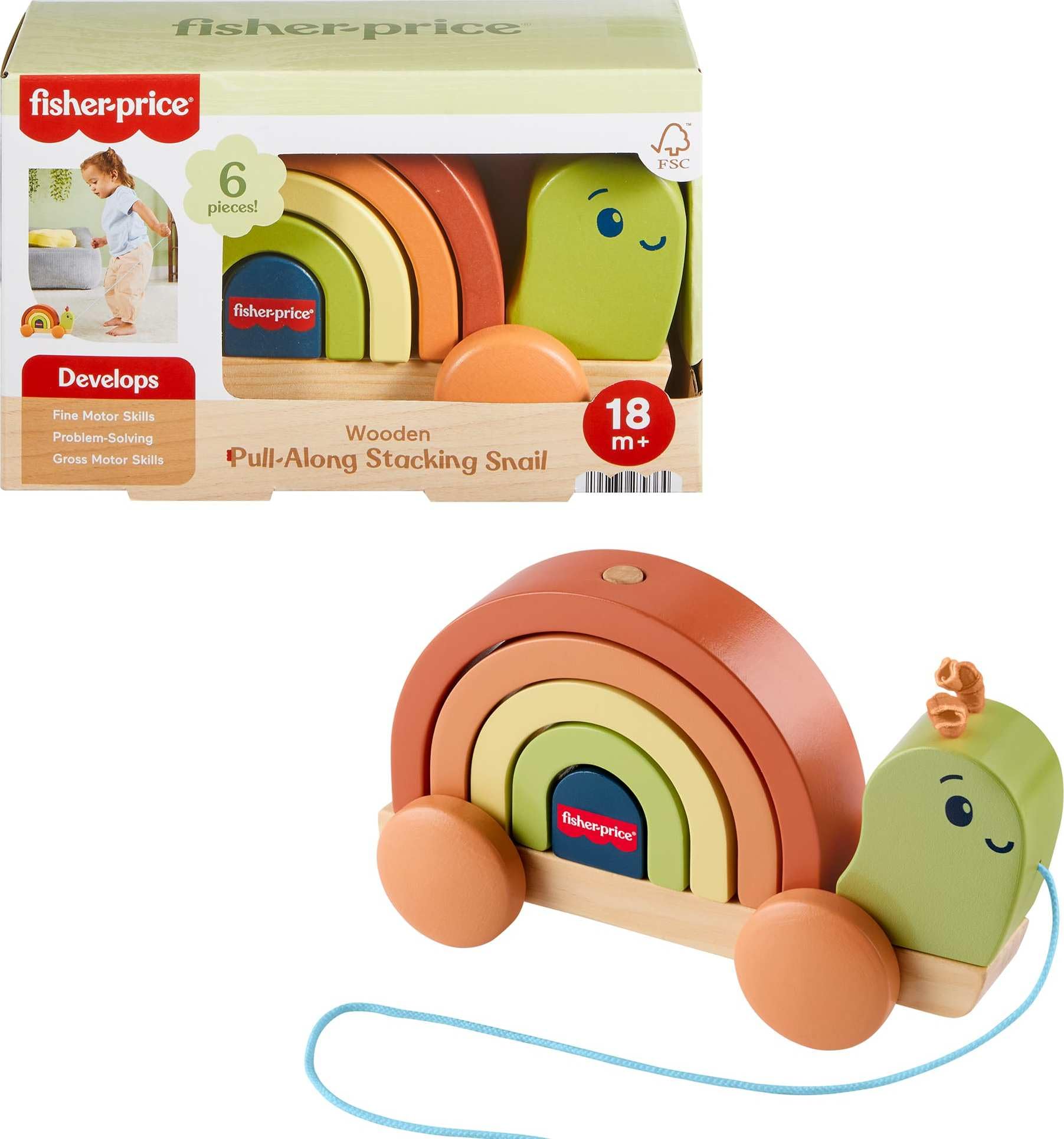 Fisher-Price Wood Toddler Toy Pull-Along Stacking Snail, Tiny Garden 6-Piece Wooden Activity for Motor Skill Development Kids Ages 18+ Months