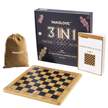VAMSLOVE Wooden Chess Checkers Tic-Tac-Toe Game Set 11.5" x 11.5" Double-Sided 3 in 1 Board with 34 Chess Pieces - 2 Extra Queens - 24 Interlocking