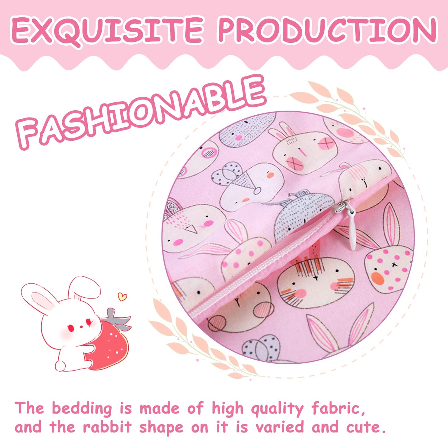 Pink Rabbit Print Doll Bedding Set - Mattress, Pillow & Blanket for 18 Inch Dolls - Includes 1 Mattress, 1 Pillow, 2 Blankets - Cute Doll Accessories