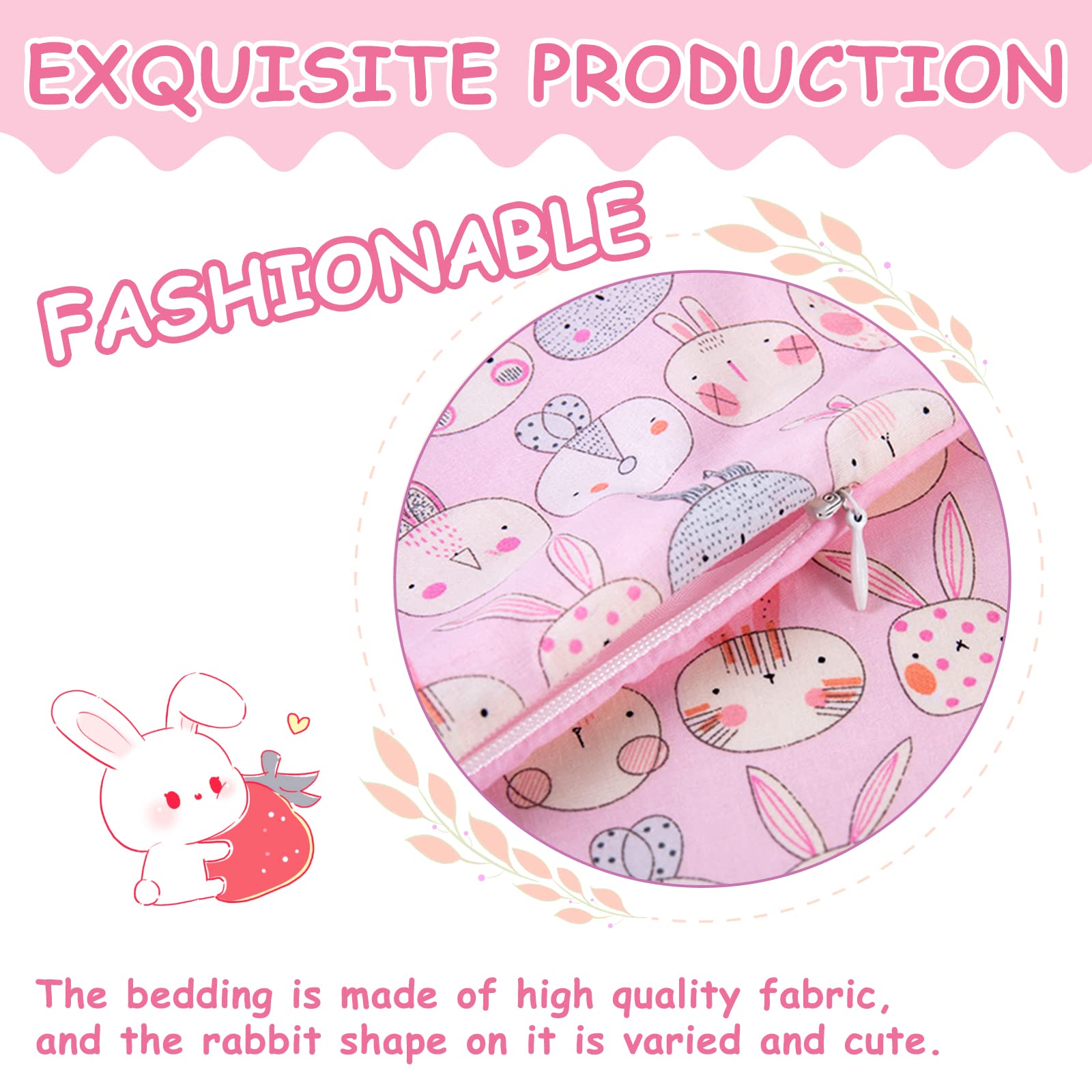 Pink Rabbit Print Doll Bedding Set - Mattress, Pillow & Blanket for 18 Inch Dolls - Includes 1 Mattress, 1 Pillow, 2 Blankets - Cute Doll Accessories