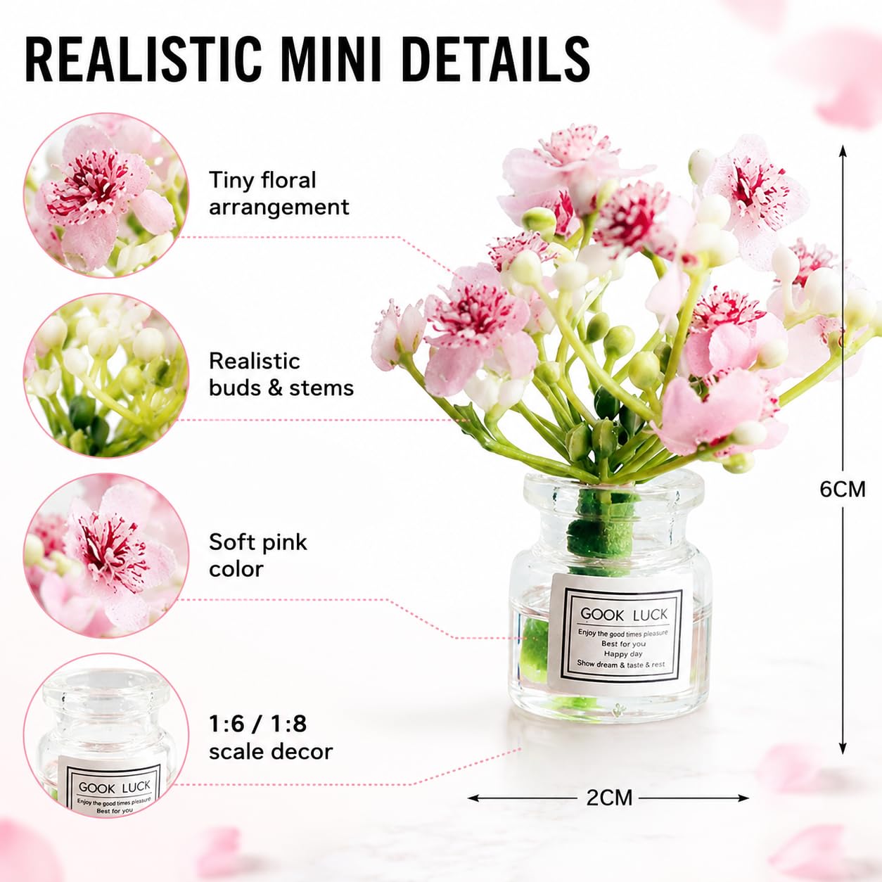 Pink Miniature Jasmine Flower in Vase Set, Dollhouse Décor, 1:6 or 1:8 Scale, Micro Landscape Decoration?Tiny Floral Arrangements for Micro?Dollhouse