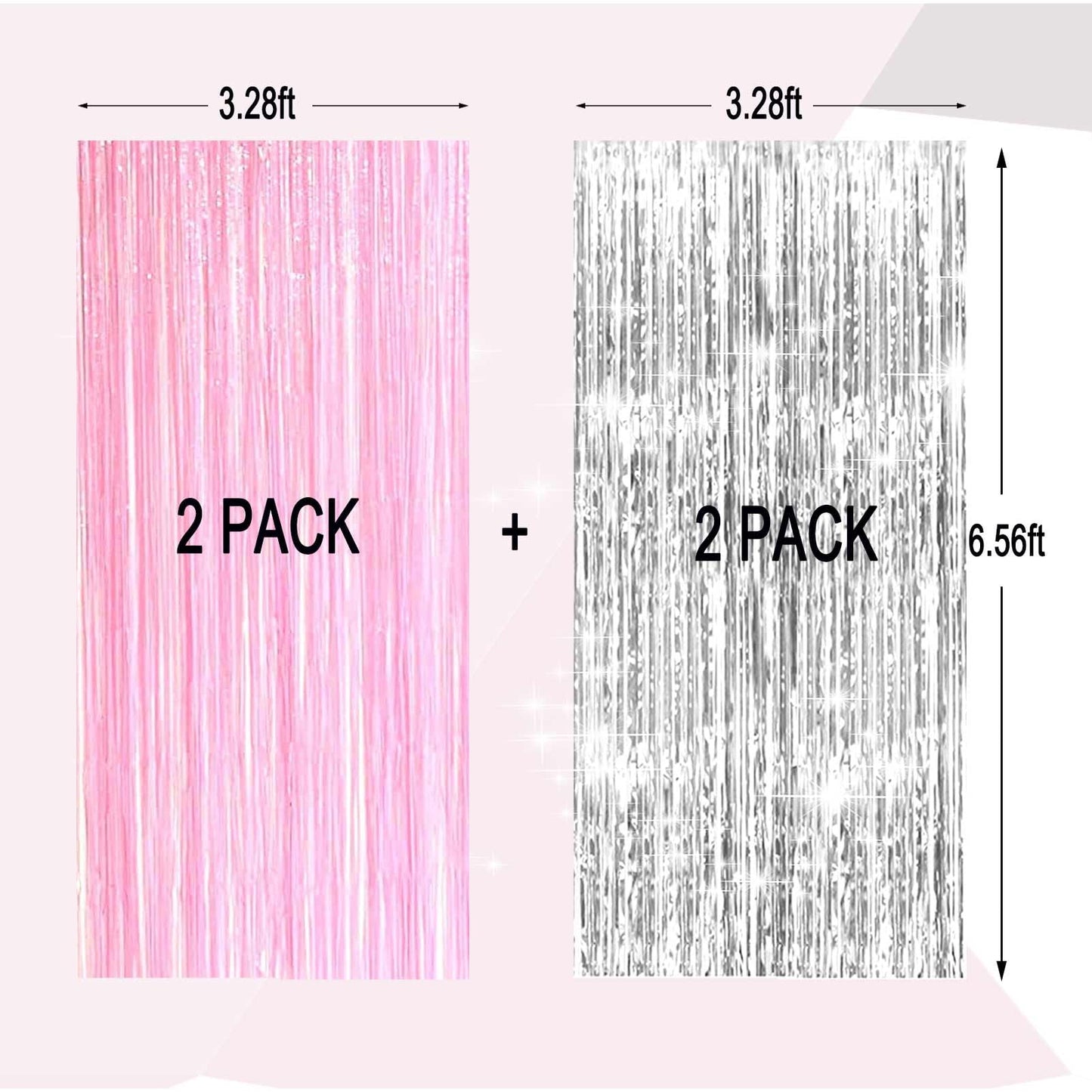 Pastel Pink and Silver Foil Fringe Curtains - 4 Pack Party Backdrop Decorations for Birthday, Bachelorette, Valentine's Day Celebrations