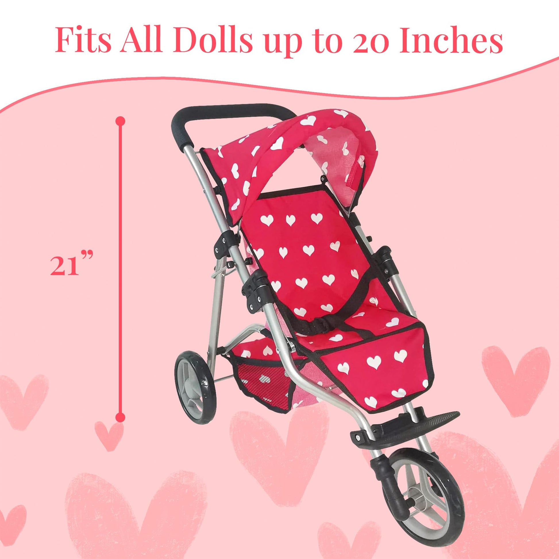 The New York Doll Collection Baby Doll Stroller | Pink Hearts Pattern | Doll Strollers | 3+ to 6 Years | A239