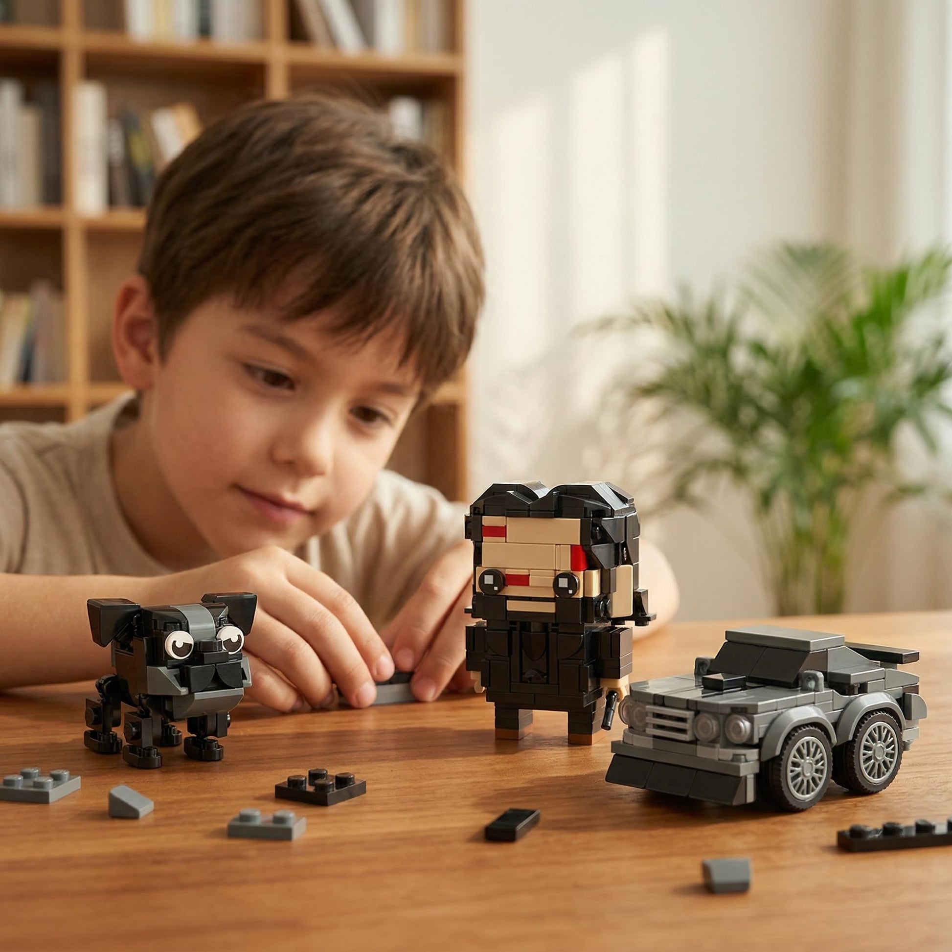 Horror Action Figure & Muscle Car Building Set Compatible with Lego for Adults, John with Dog Buildable Movie Characters, Gifts for Men's Desk Decor