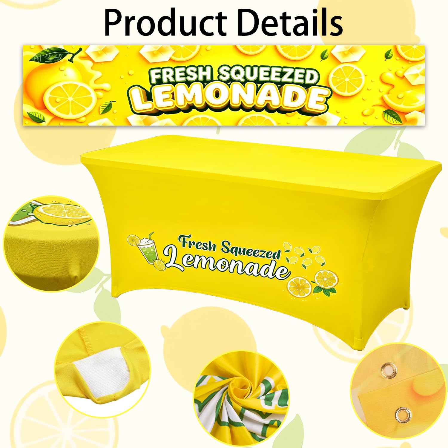 GOGOBAY 6 ft Yellow Lemonade Stand Open Back Tablecloth with 2 x 10 ft Lemonade Vinyl Banner, Stretch Spandex Table Cover for Lemonade Stand Supplies