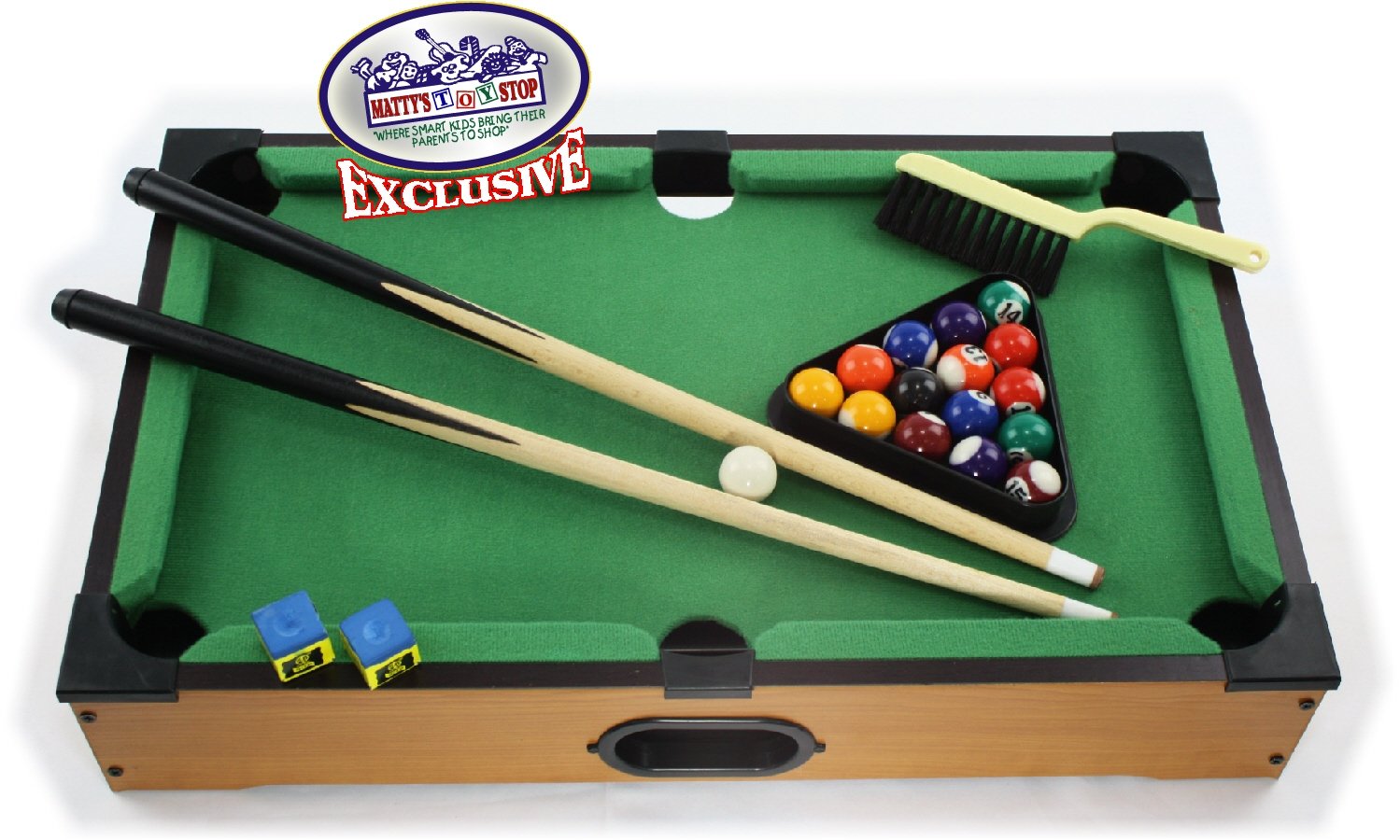 Matty's Toy Stop Deluxe 20" Wooden Table Top Pool (Billiards) Table with 15 Colored Balls, 1 Cue Ball, 1 Brush, 2 Pool Sticks, 2 Cubes of Chalk