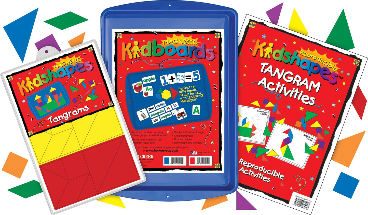 Barker Creek Learning Magnets Kit, for Children, 42 Tangram Pieces, Magnetic-Receptive Kidboard & 13 Reproducible Tangram Patterns (2325)