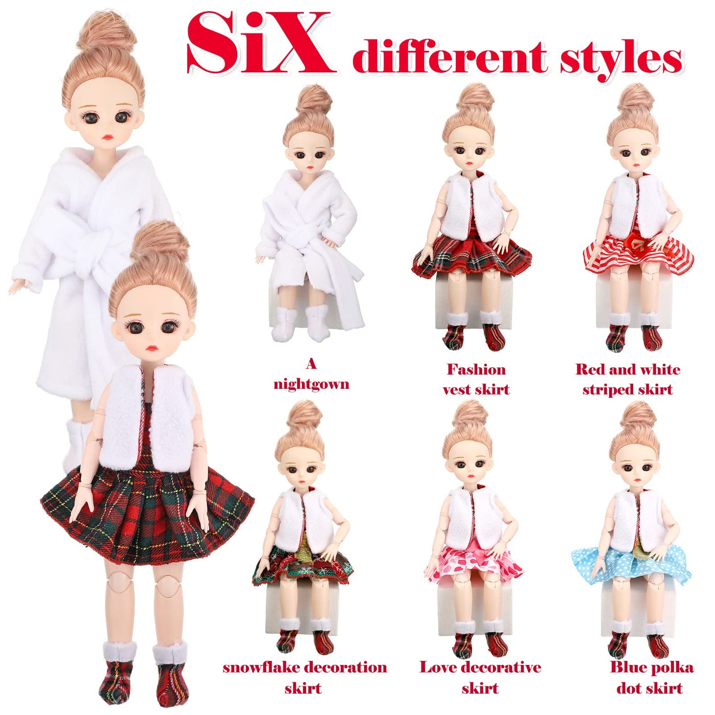 Sumind 14 Pieces Christmas Doll on Clothes Accessories Outfits Set Including Skirts, Bathrobe, Sleeping Bag, Fluffy Vest, Shirt, Scarf, Eye Cover