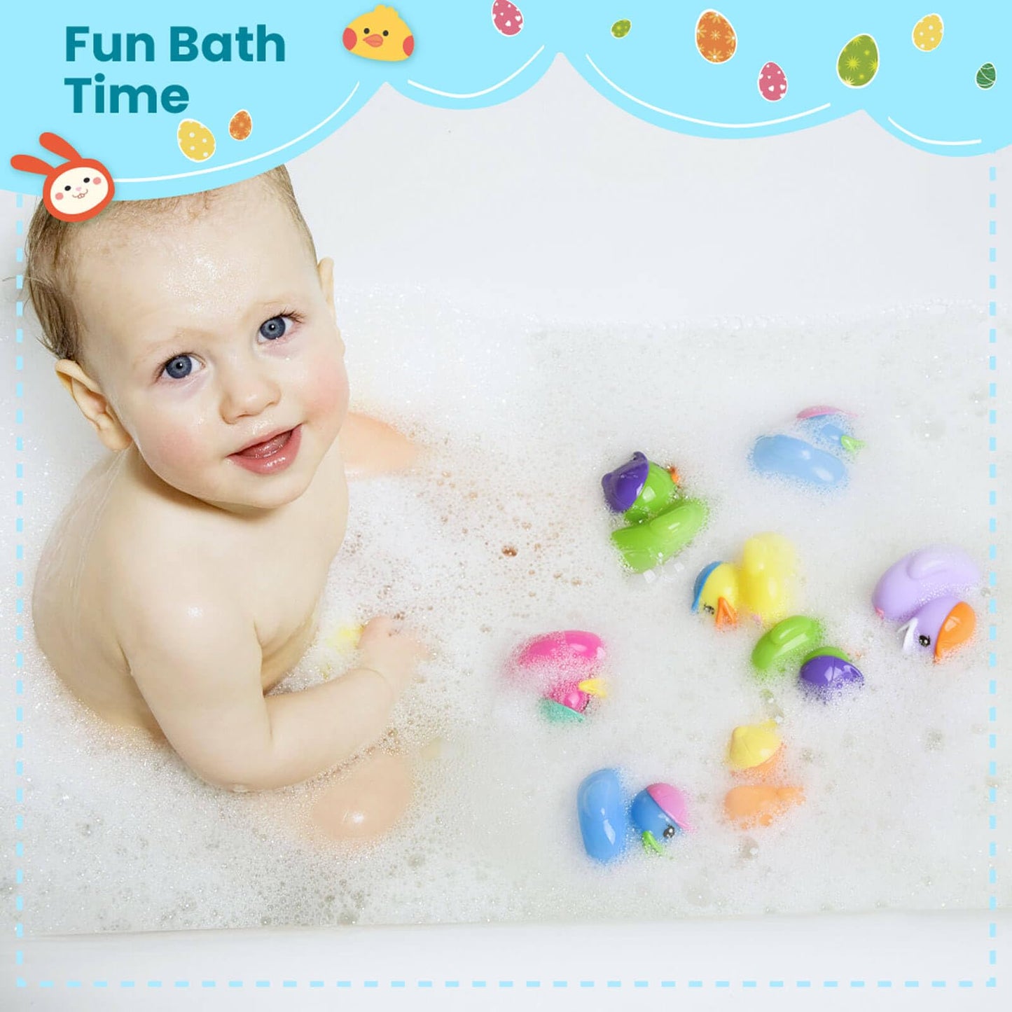 12 PCS Prefilled Easter Eggs with Rubber Duck Toys, Easter Basket Stuffers, Easter Egg Fillers, Bath Toy Squirters, Bathtub Toys for Kids