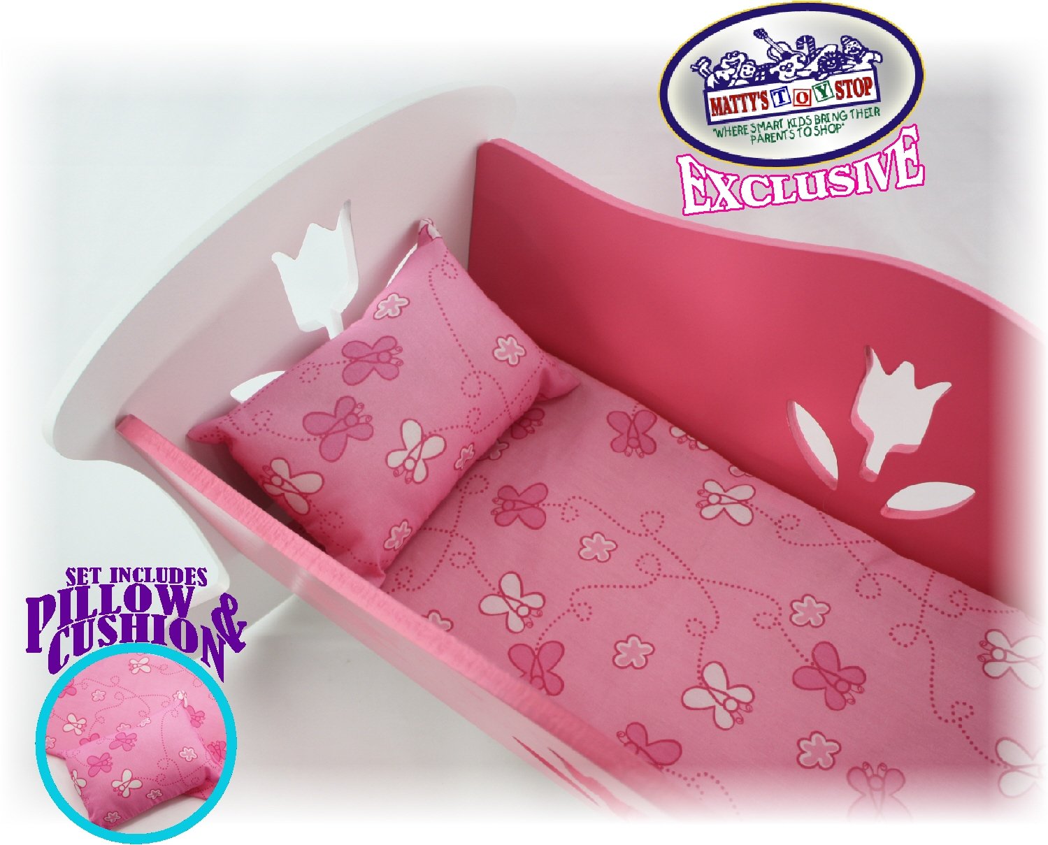 Matty's Toy Stop 18 Inch Doll Furniture Wooden Doll Rocking Cradle (Crib) with Pink Pillow & Cushion - (18" Pink/White Floral) Fits American Girl