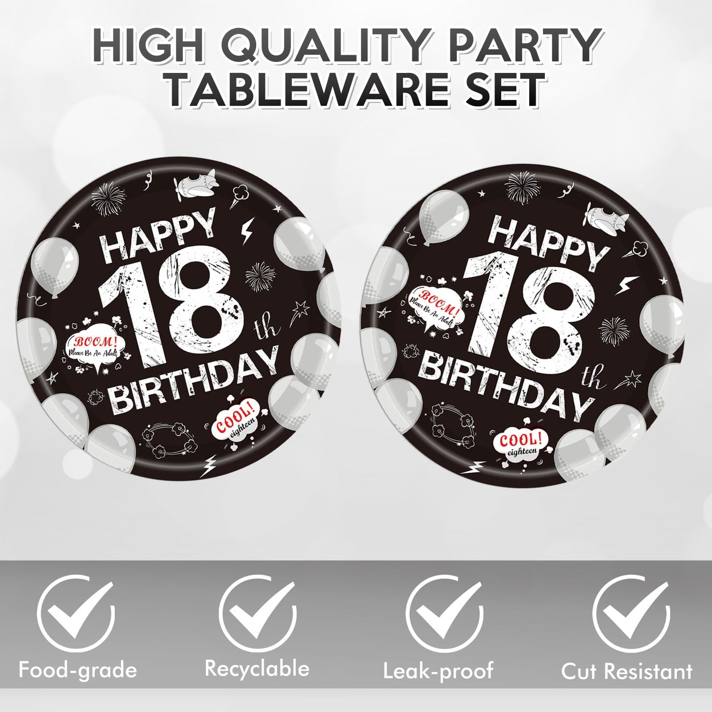 40Pcs 18th Birthday Decorations for Boys Girls,18th Birthday Plates and Napkins Black and White Disposable Party Tableware Set for Time To Adult 18