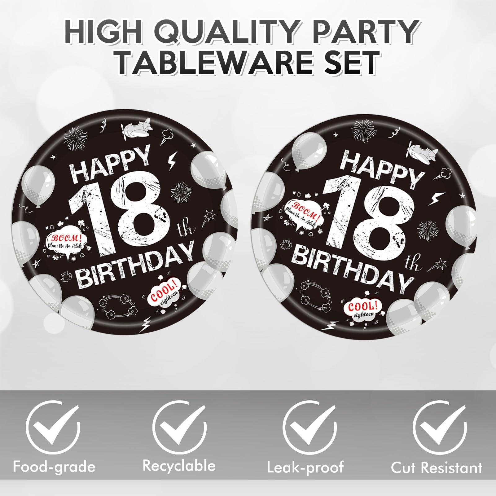 40Pcs 18th Birthday Decorations for Boys Girls,18th Birthday Plates and Napkins Black and White Disposable Party Tableware Set for Time To Adult 18