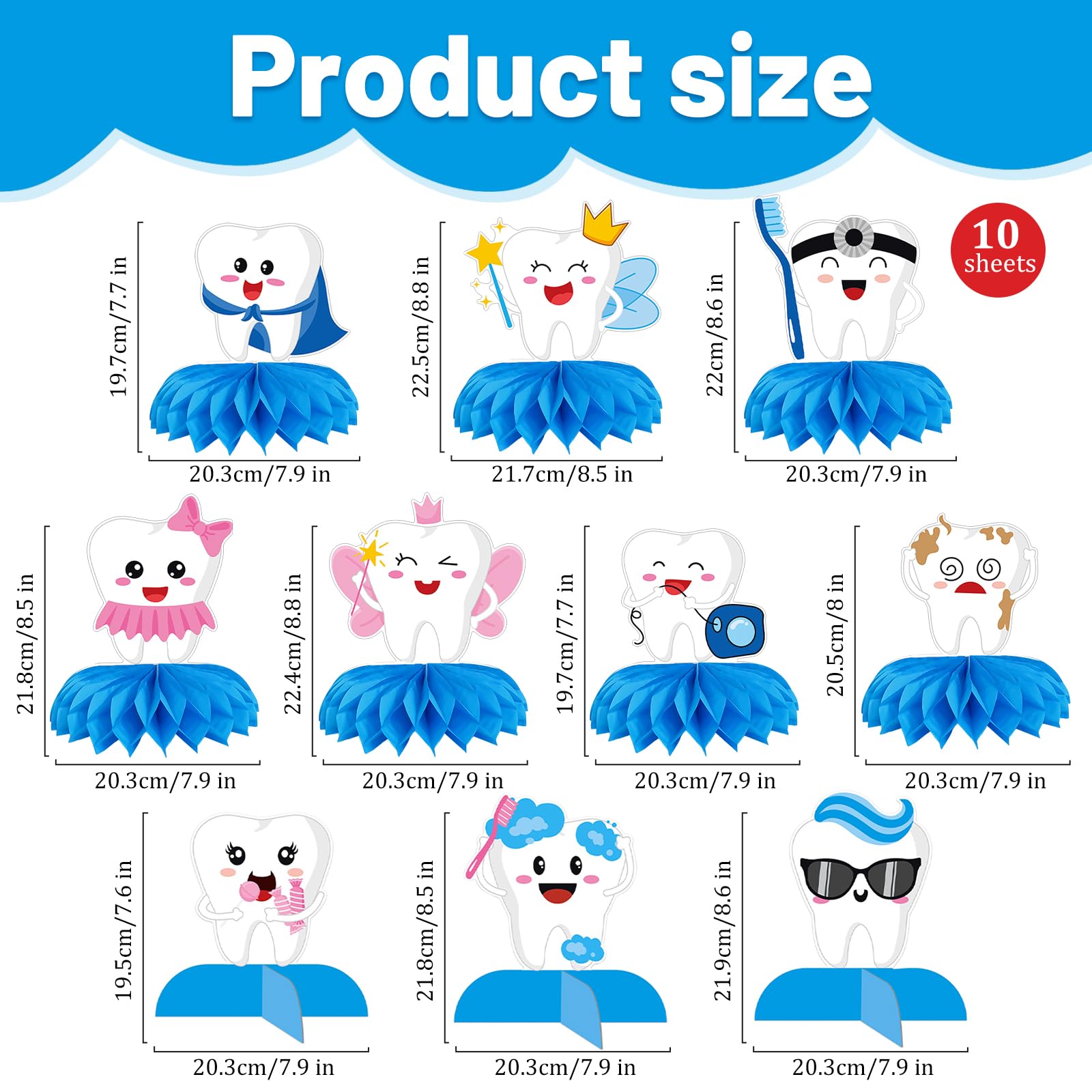 10 Pieces Tooth Honeycomb Centerpieces Table Decor, Cartoon Tooth Fairy, Dentist, and Crown Pattern Table Topper Ornaments Signs for Baby’s First