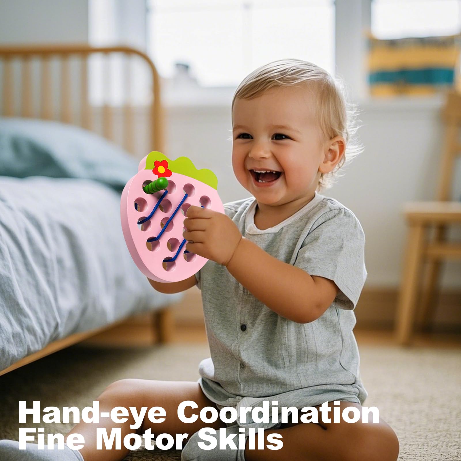 NAODONGLI Wooden Lacing Toys for Toddlers, Baby Toys Strawberry Threading Learning Fine Motor Skills,Montessori Sensory Educational Wooden Block