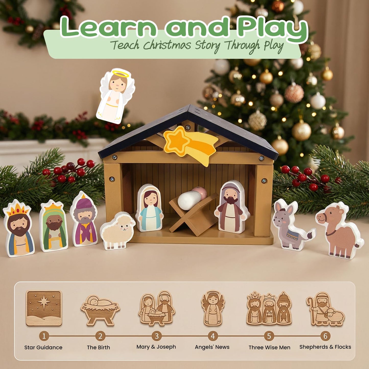 WOODENFUN Toy Nativity Set for Kids?Wooden Christmas Nativity Scene Miniature Holy Family Figurines Gifts for Children Boys Girls 3+ Years Old