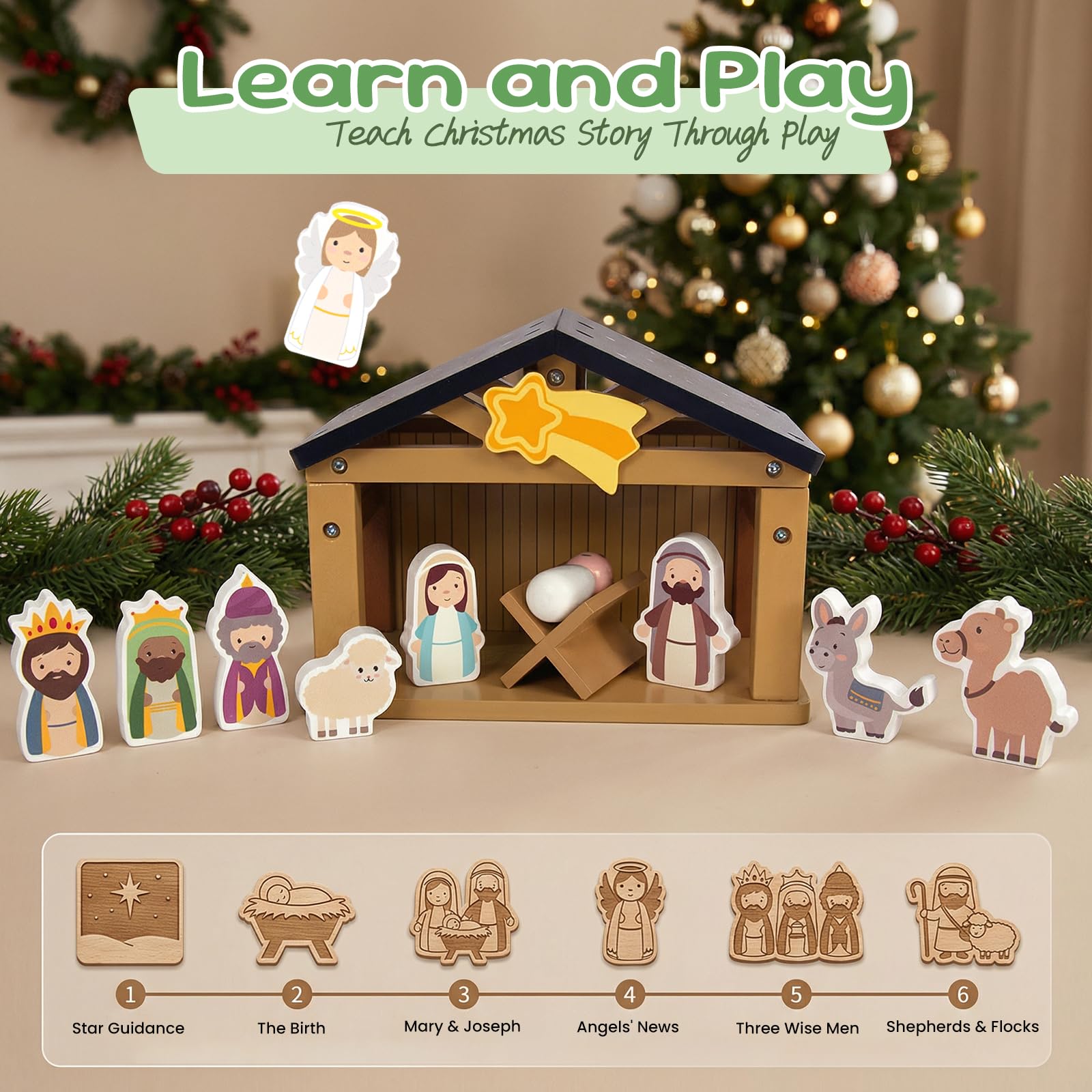 WOODENFUN Toy Nativity Set for Kids?Wooden Christmas Nativity Scene Miniature Holy Family Figurines Gifts for Children Boys Girls 3+ Years Old