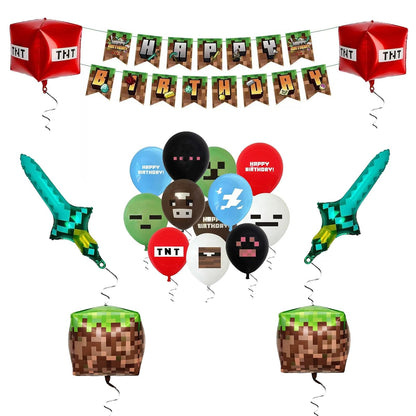 JamboRella Pixel Happy Birthday Decorations Party Favor Balloons with Banner ?Pixel Video Game Theme Party Supplies