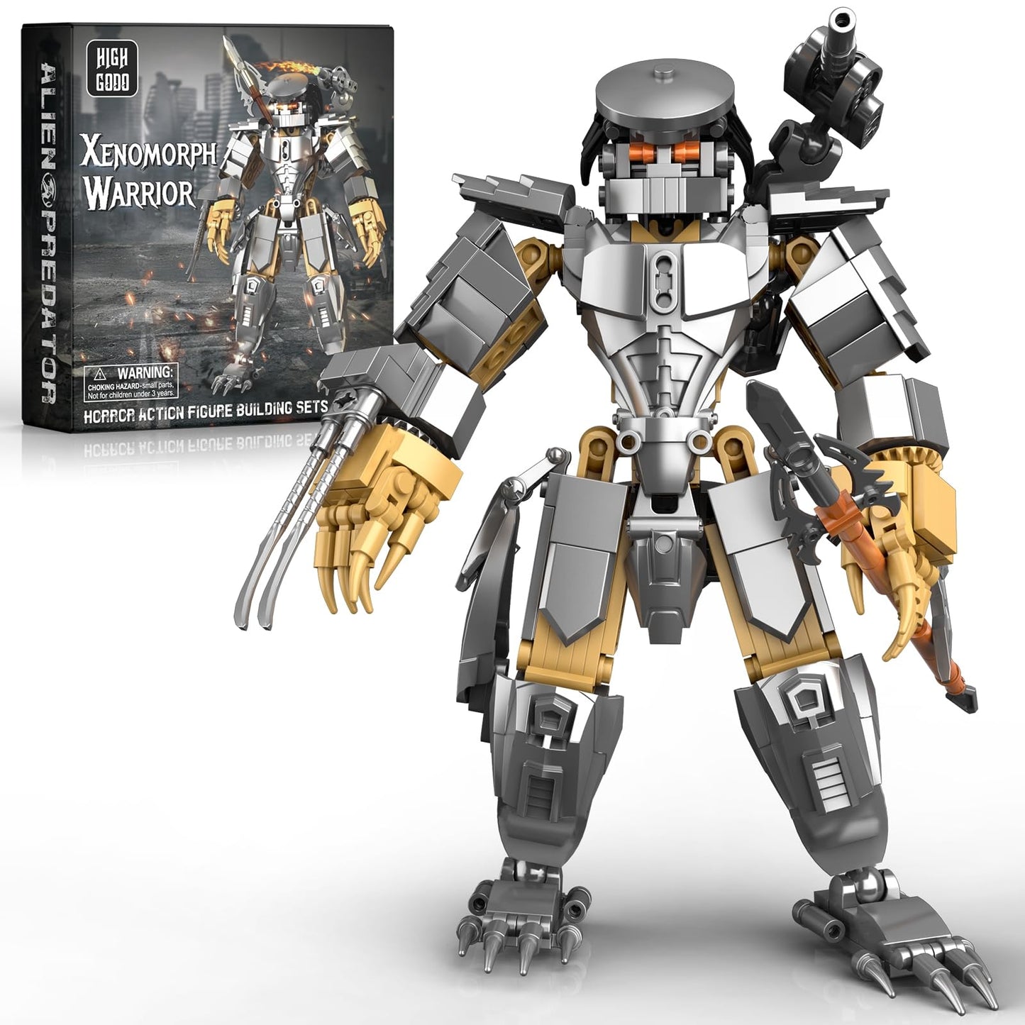 HIGH GODO Alien Mech Xenomorph Warrior Building Sets for Adult, Horror Action Figure Toy with Spears, Gifts for Adults Aged 14+ for Birthdays