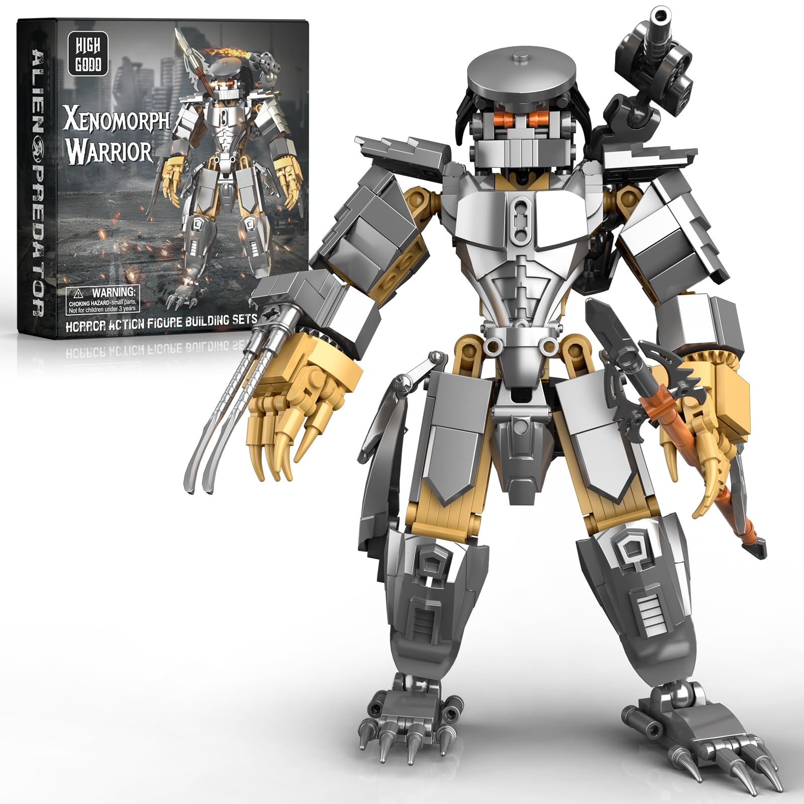 HIGH GODO Alien Mech Xenomorph Warrior Building Sets for Adult, Horror Action Figure Toy with Spears, Gifts for Adults Aged 14+ for Birthdays