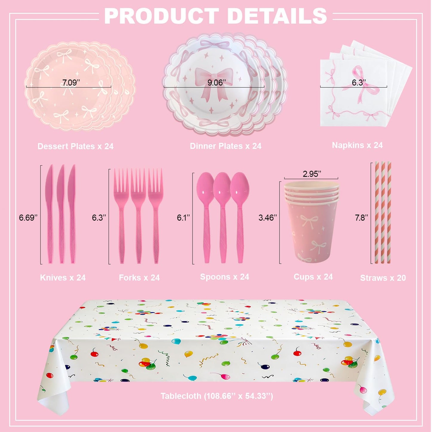 Pink Bow Birthday Party Supplies Serve 24, Coquette Birthday Decorations Include Bow Plates Napkins Cups Tablecloth straw Bow Theme Tableware