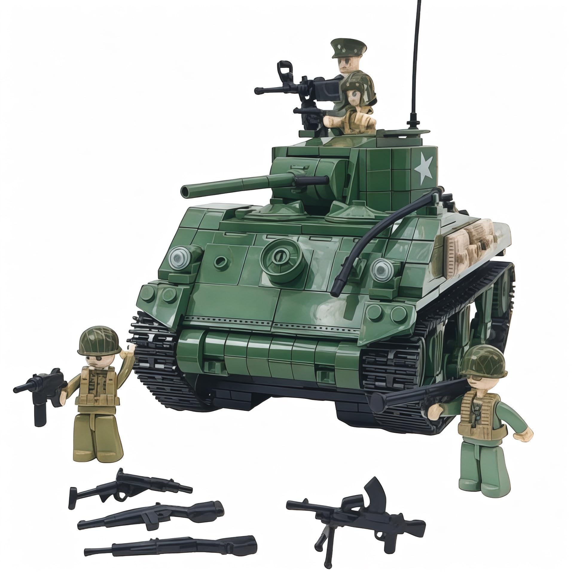 General Jim's WWII M4A1 Sherman Tank Brick Building Blocks Set, 726 Pieces, 1:29 Scale, Rotating Turret, Moving Tracks, Compatible with Major Brands