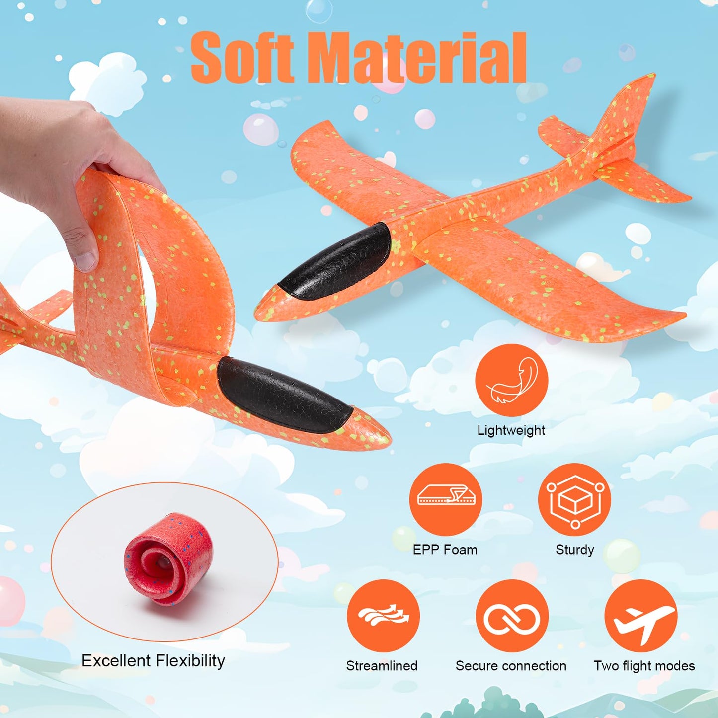 PUREZON Foam Airplane Toy, 4 Pack, 17 Inch, 4 Colors