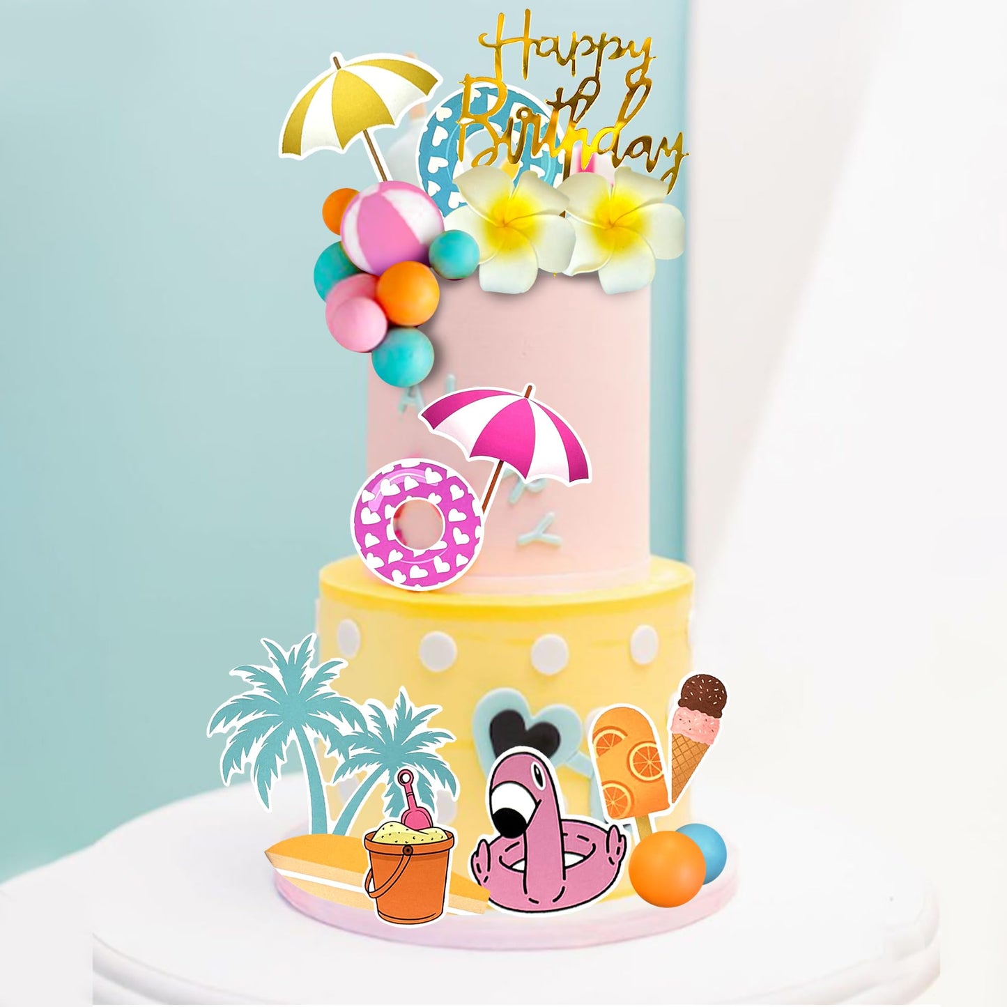 Summer Hawaiian Cake Topper with Swimming Rings Balls Sun Umbrella Beach Cake Decorations for Summer Hawaii Aloha Theme Birthday Supplies