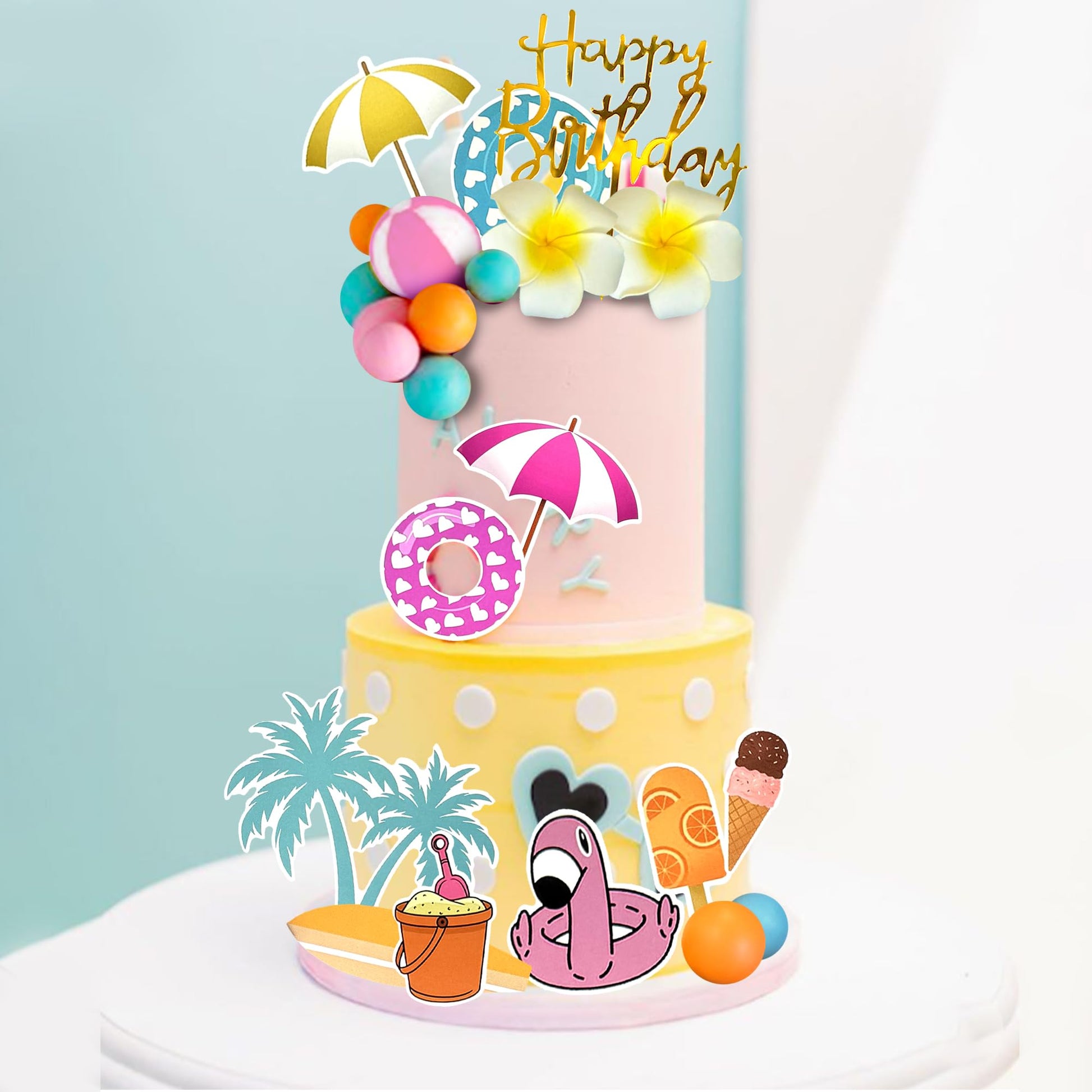 Summer Hawaiian Cake Topper with Swimming Rings Balls Sun Umbrella Beach Cake Decorations for Summer Hawaii Aloha Theme Birthday Supplies