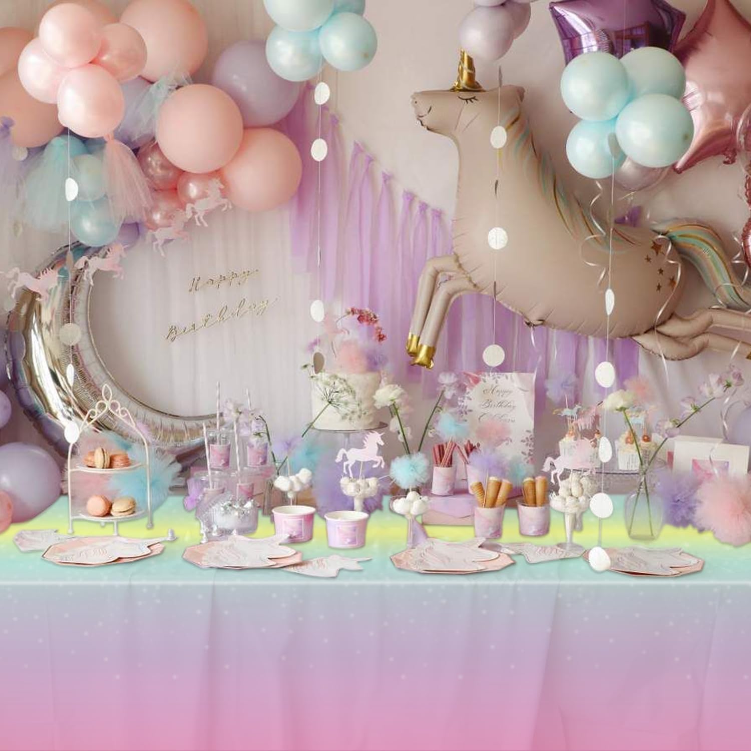 BASHLY 3-Pack Rainbow Tablecloths - 86"x51" Plastic Pastel Table Cloths Rainbow Party Decorations for Girl Birthday, Princess Party, Baby Showers