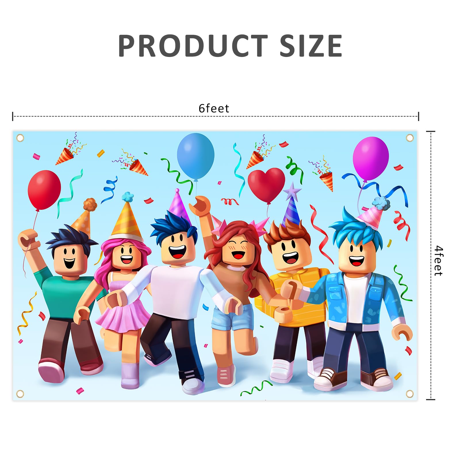 Gaming Birthday Backdrop 6x4ft, Extra Thick Fabric Photo Backdrop Banner, Cartoon Block Party Background, Reusable Cartoon Character Decoration with 4