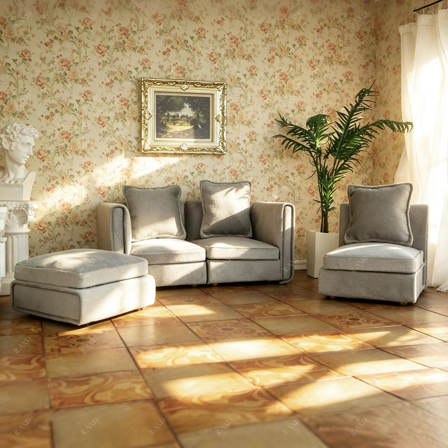 iLAND Dollhouse Furniture Sectional Dollhouse Couch Set Light Grey Velvet Sofa, Miniature Chair Doll House Furniture, Modern 1/12 Scale Miniature