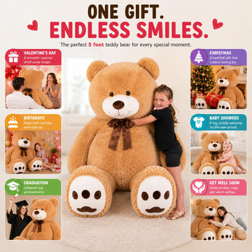 Kangaroo 5ft Giant Teddy Bear Extra Large Stuffed Animal - Giant Brown Plush Toy for Girls & Boys - Big Soft Human Size Jumbo Teddy Bear for Teens