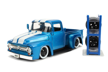 Jada Just Trucks 1:24 1956 Ford F-100 Die-cast Car Blue/White Stripes with Tire Rack, Toys for Kids and Adults
