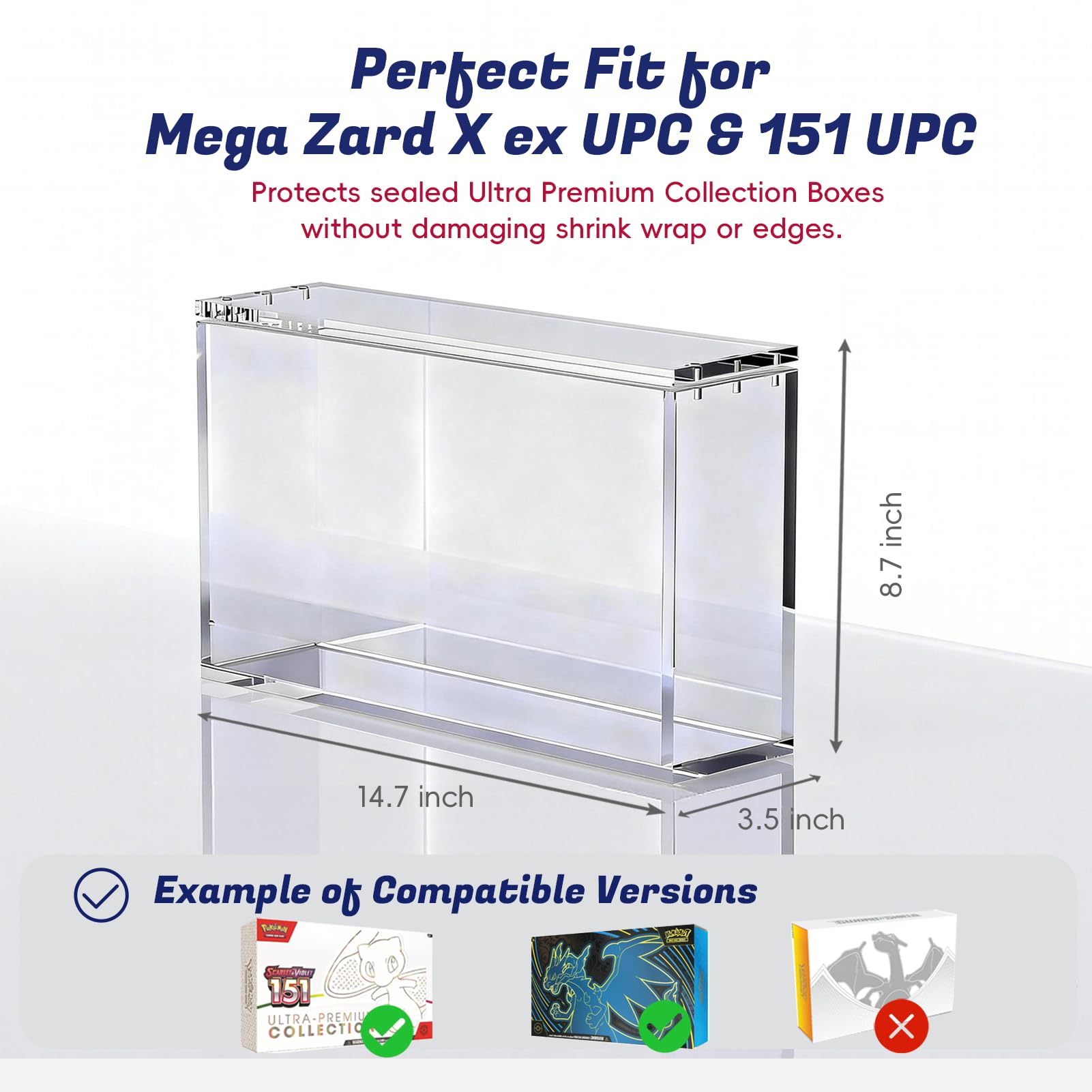 PKMN UPC Acrylic Case Protector - Compatible with Mega Charizard X ex & 151 Ultra-Premium Collection, Ultra Thick 8/5mm Clear Acrylic with Magnetic