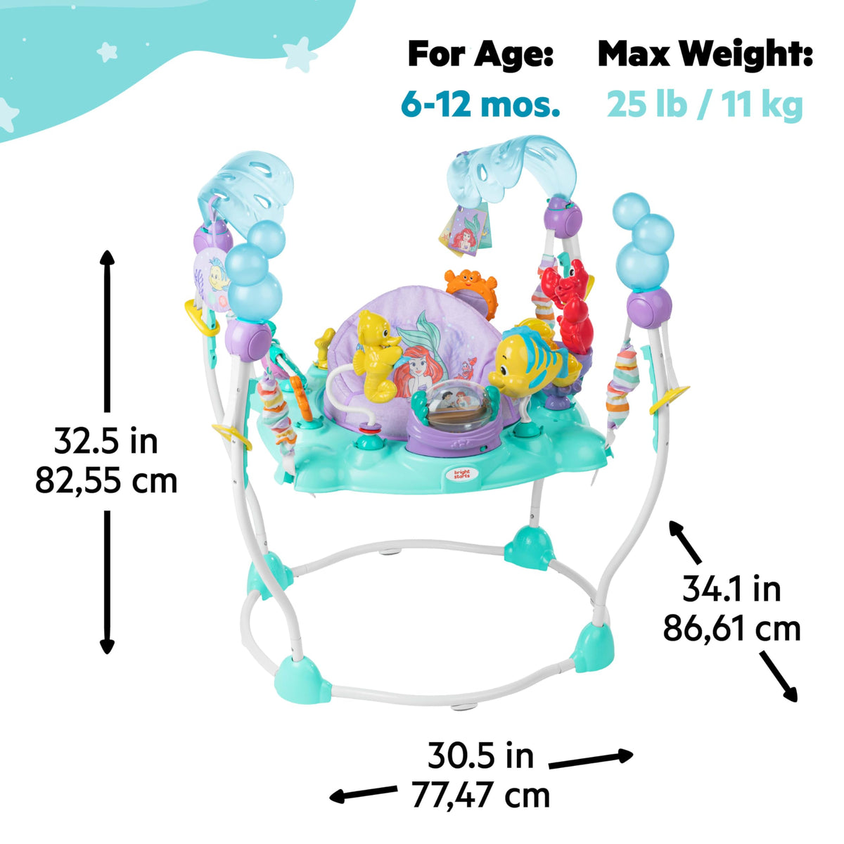 Bright Starts Disney The Little Mermaid Sea of Activities Baby Activity Jumper with Interactive Toys, Lights & Music with Disney Princess Ariel, 6-12