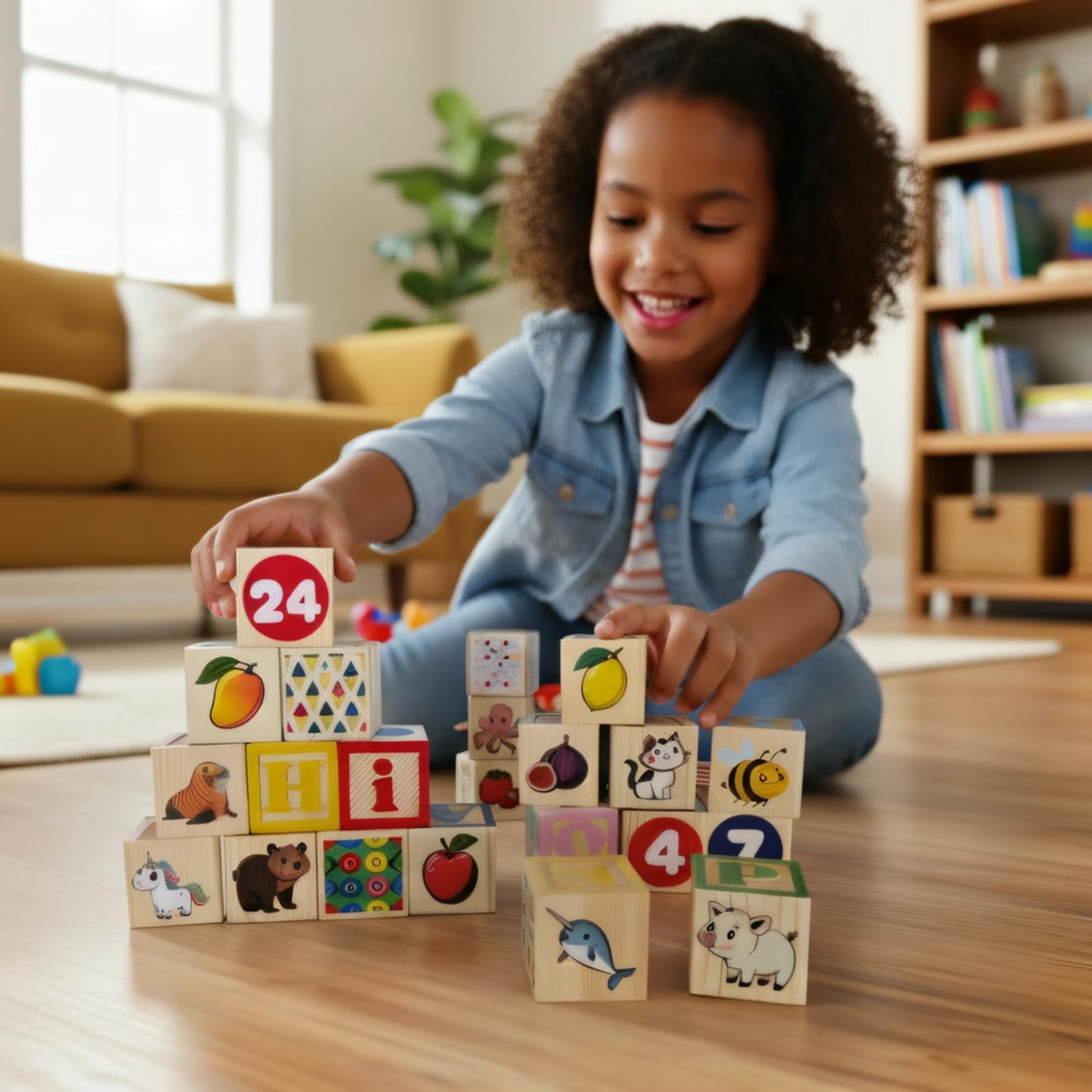 Tot Dojo ABC-123 Pine Wood Educational Blocks Set, 26 Pieces - Alphabet, Numbers, Animals, Fruits & Patterns for Toddlers