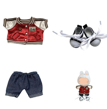 3-Piece 17cm Doll Outfit Set - Baseball Jacket, Denim Pants & Canvas Shoes - Red Sporty Style for Collectible Figures - No Doll Included