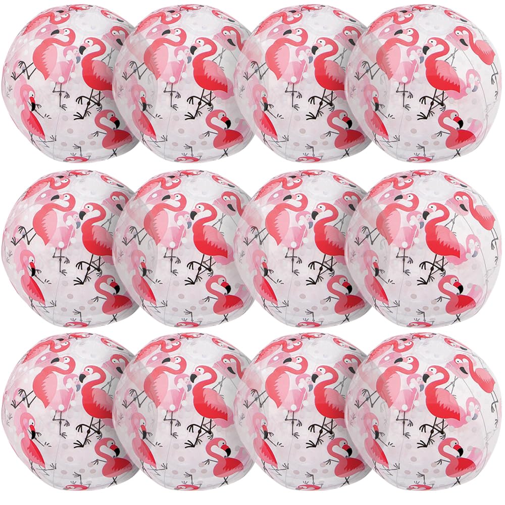 Fun Express Flamingo Print Beach Balls Bulk 12 Pack - Inflatable Pool Toys for Kids & Adults | Hawaiian Luau Party Decorations & Favors | Tropical