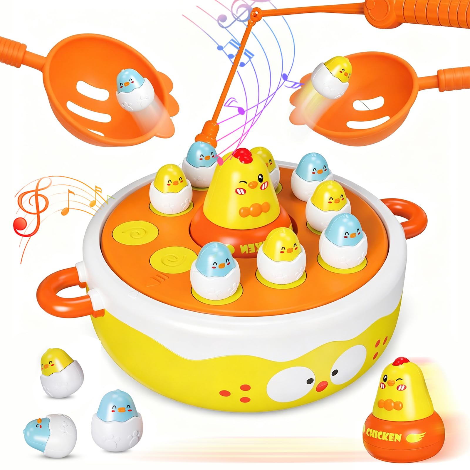 4 in 1 Table Game for kids, Bounce and Catching Game, Fishing Game, Bowling Toy, Tic-Tac-Toe, Music,Light, Hook-a-Chicken, Hand-Eye Coordination