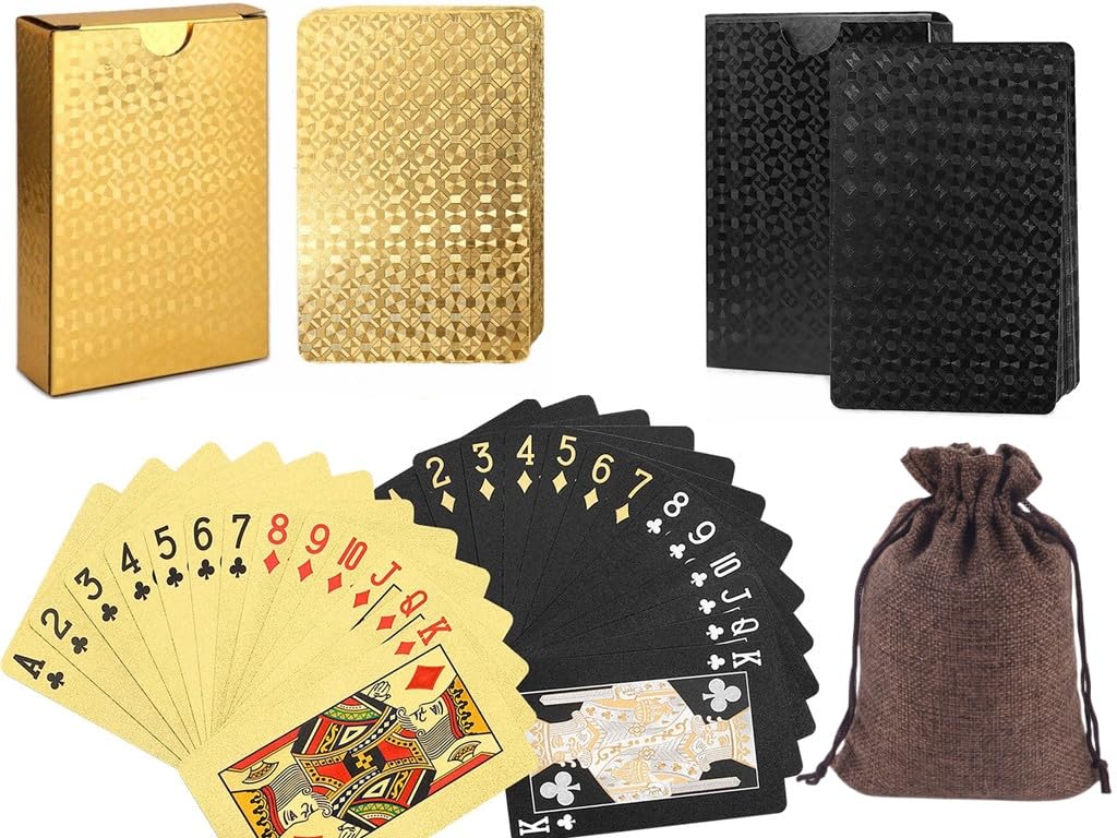 jcoral 2 Pack Diamond Playing Cards Black Gold Poker Cards Waterproof Plastic Black and Gold Foil Playing Cards Highly Flexible,2 Decks of Cards