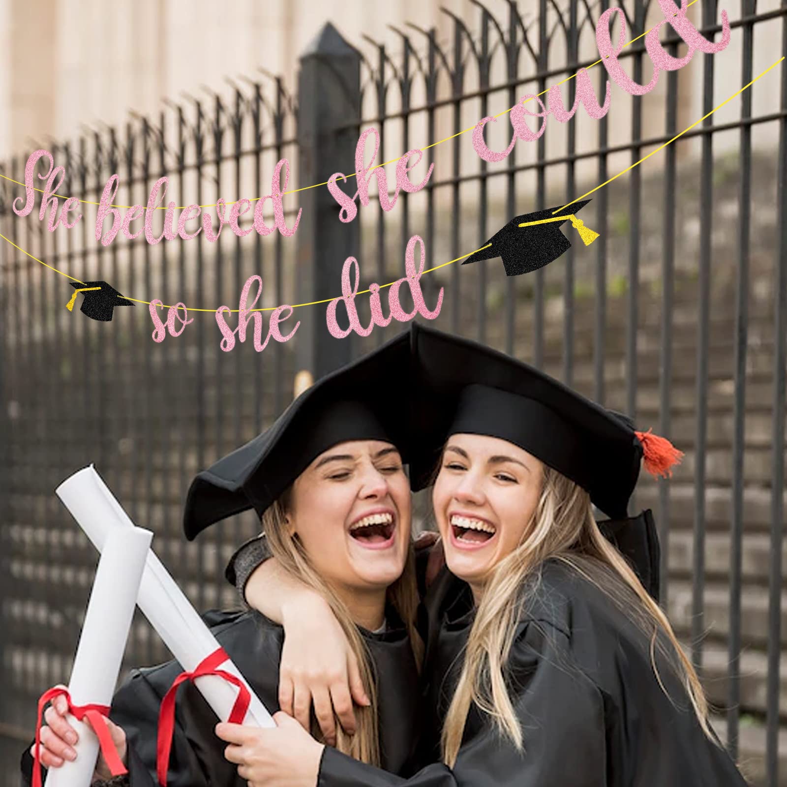 She Believed She Could So She Did Banner Decorations - Pink Glitter She Did It 2024 Garland Graduation Bunting Banner, Congrats Grad Photo Backdrop
