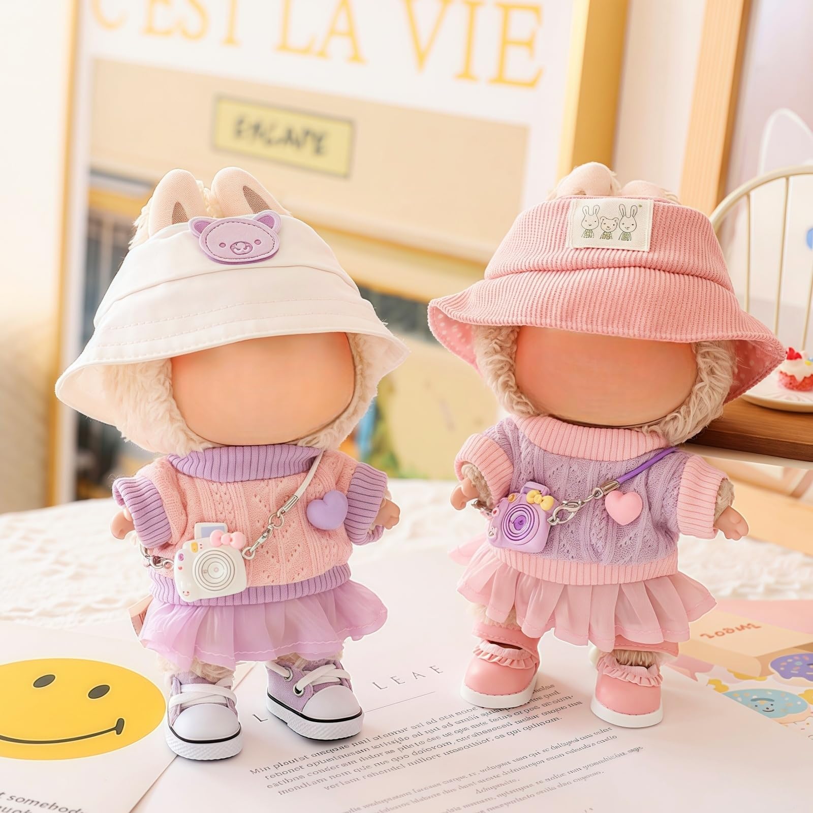 17cm Doll Clothes Set (No Doll), 5 Pieces Skirt Outfit Set for 6.7inch Dolls Dress Suit, Fashion Kawaii Dress Up Hat Overskirt Shoes Accessories