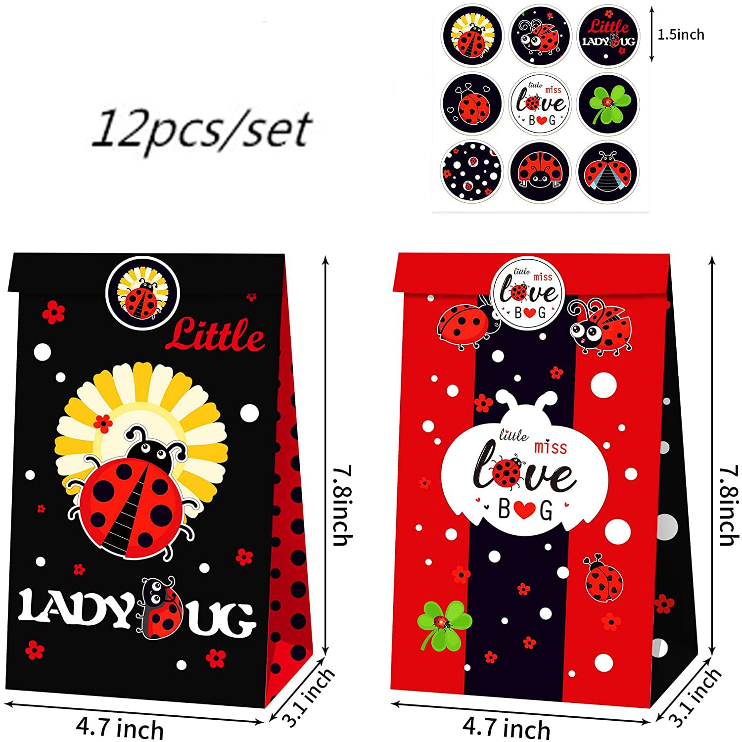 Ghberll Ladybug Party Bags 30Pcs Favor Kit with 1 Tablecover Red Black Polka Dots Tablecloth & Treat Paper Candy Bags for Birthday Party Decorations