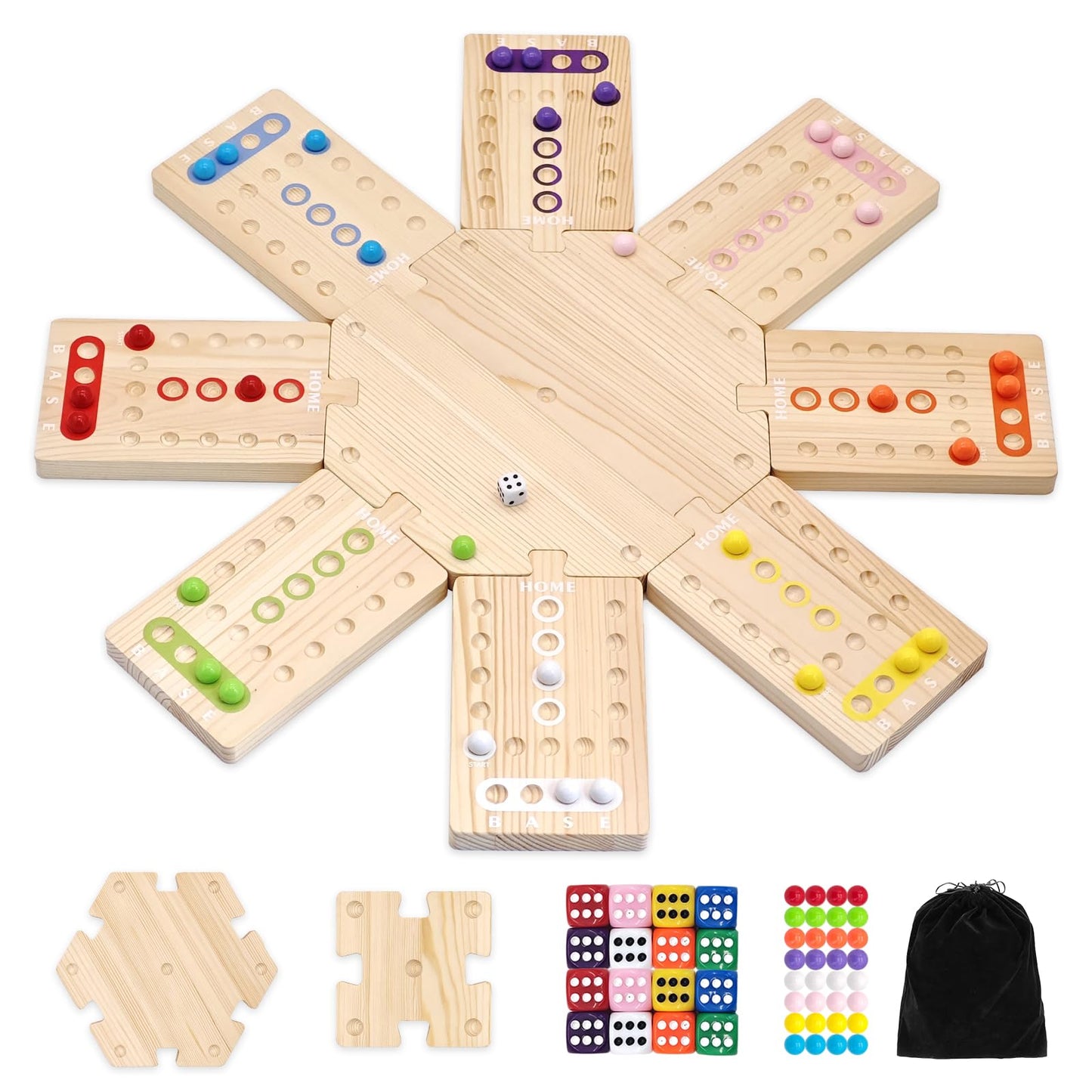 Wooden Board Game, Family Party Game for 2 to 8 Players, Includes 3 Hubs, 32 Marbles and 16 Dice