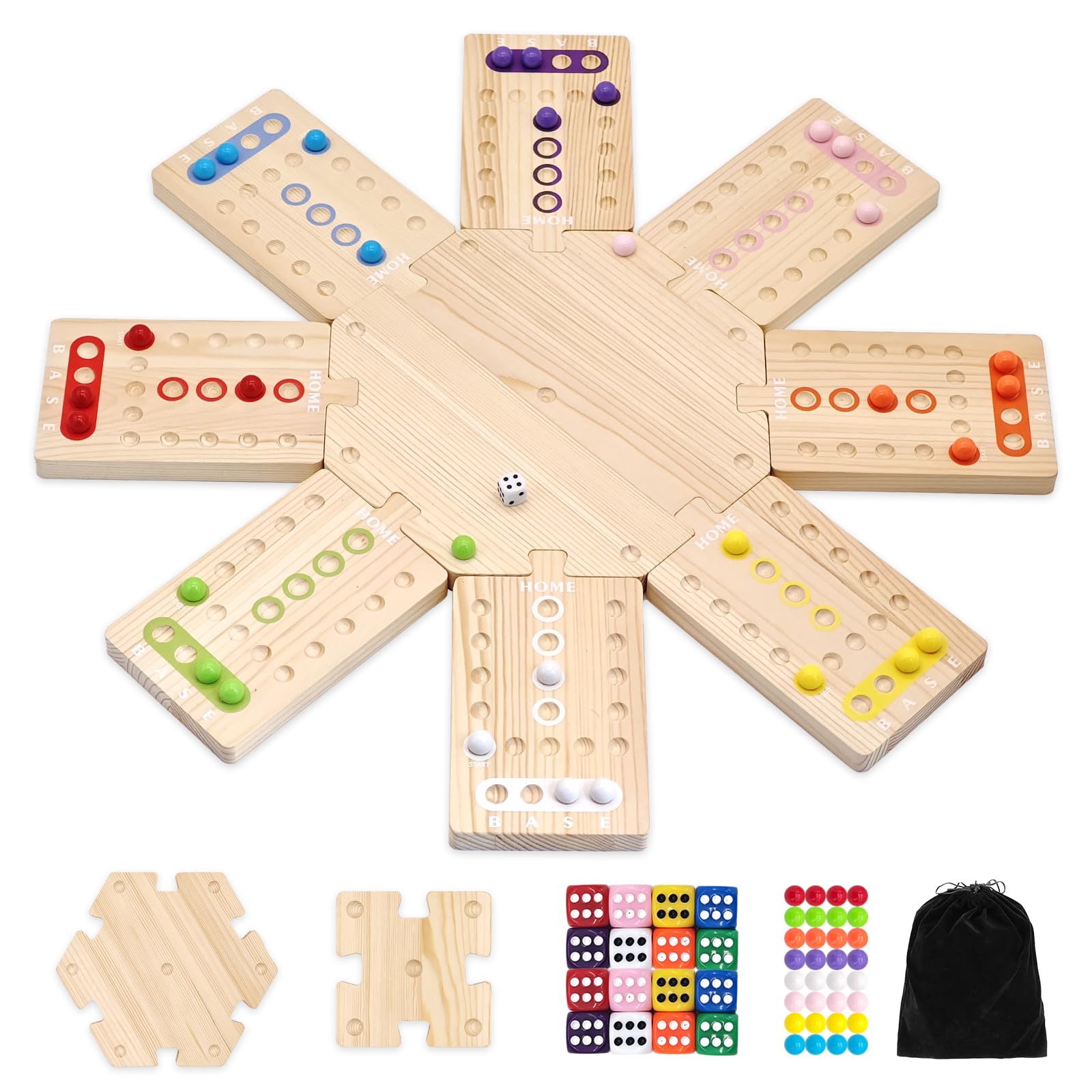 Wooden Board Game, Family Party Game for 2 to 8 Players, Includes 3 Hubs, 32 Marbles and 16 Dice